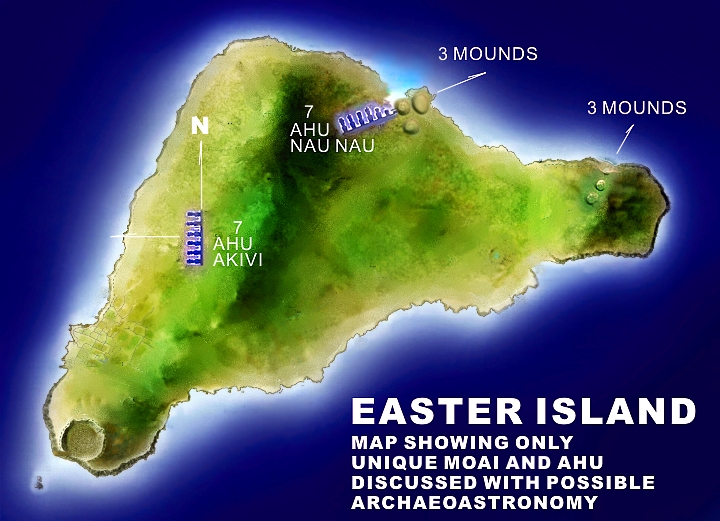 Easter Island - Map showing unique Moai adn Ahu discussed with possible archaeastronomy