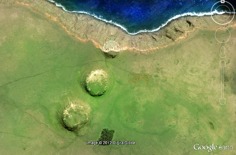 Google Earth image showing 3 mounds on Easter Island