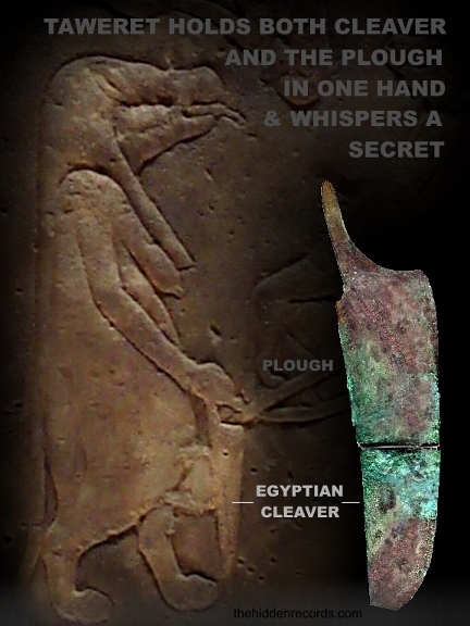 Taweret holds both cleaver and the plough in one hand & whisper a secret