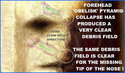 Mars Face - Forhead 'Obelisk' pyramid collapse has produces a very clear debris field