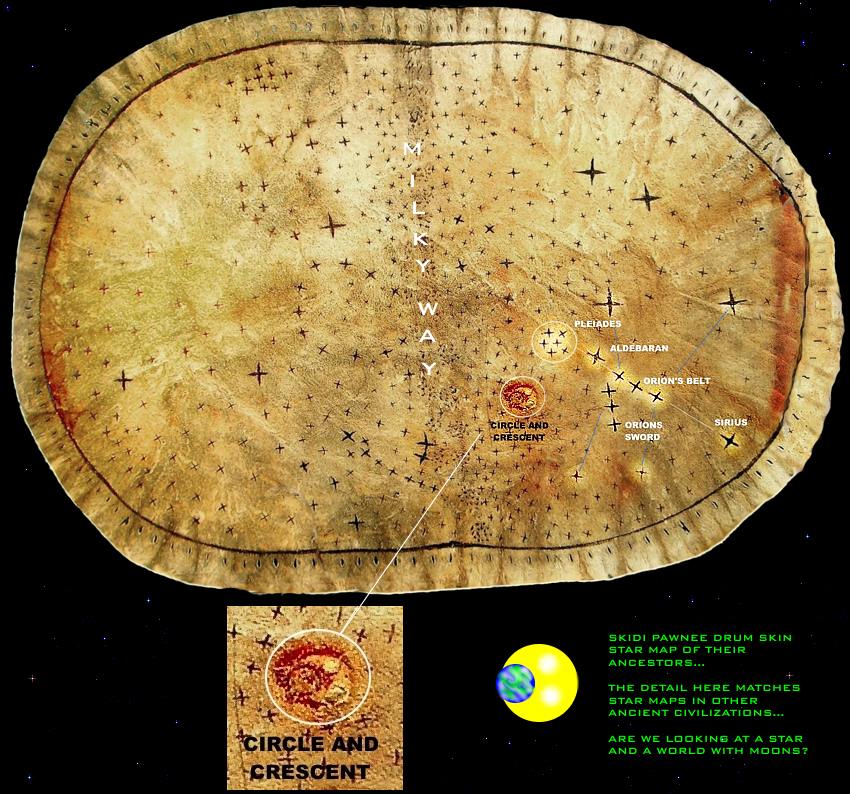 Skidi Pawnee drum skin displaying a circle and crescent, the Pleiades, Aldebaran and Orion