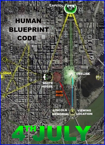 VIEW FROM LINCOLN MEMORIAL 4TH JULY - SUN RISE IN DIRECTION OF RED ARROW OVER CIRCULAR FIELD OF THE WHITE HOUSE