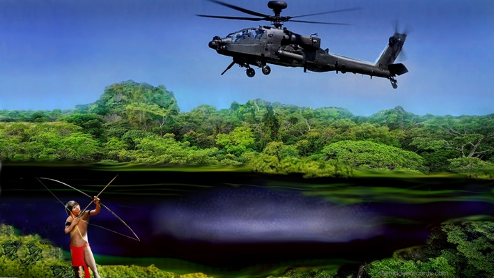 Apache helicopter being shot at by bow and arrow