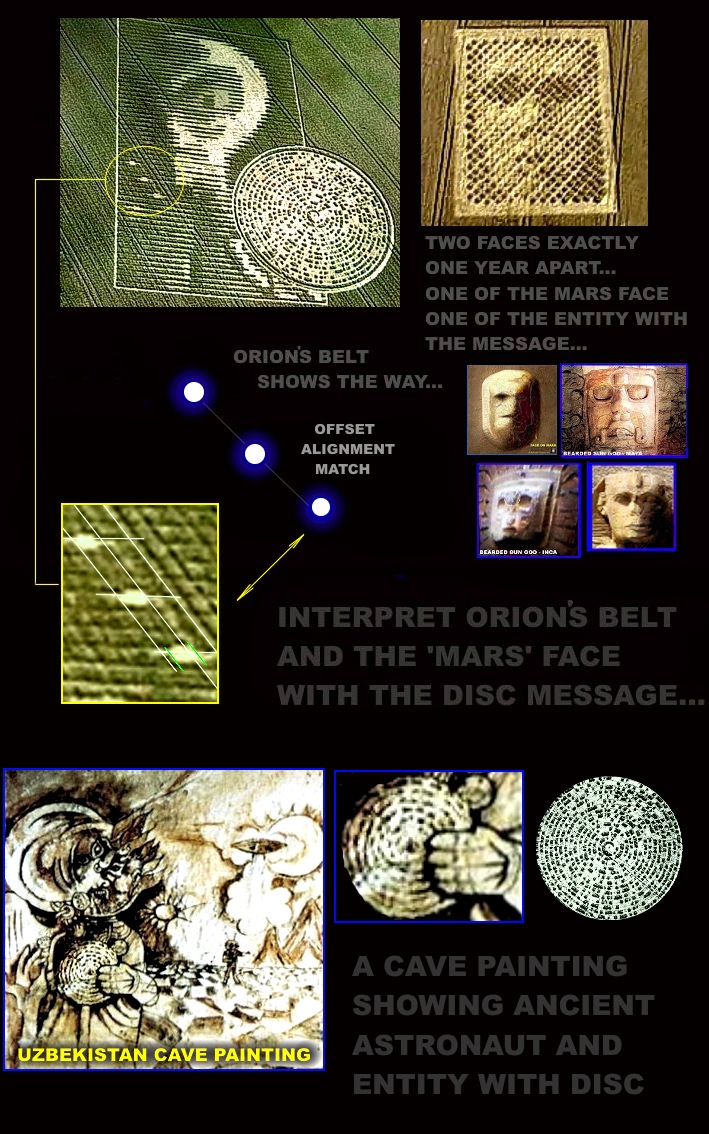 Crop Circle message, Crop Circle human looking face, Mars face and other similar face monuments