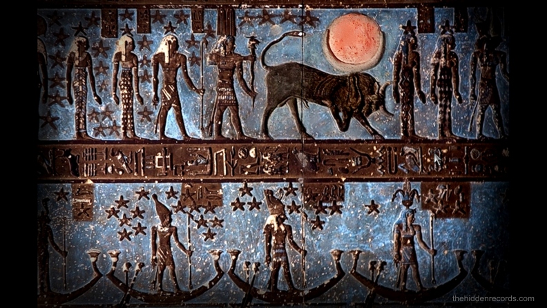 Dendera Apis Bull with sun and exoplanet world of the ancestors found behind Taurus bull neck area