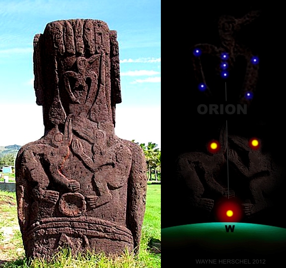 Moai image and western horizon showing Orion and the solar trinity