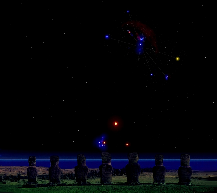 Seven Moai and The Pleiades and Orion in the western horizon