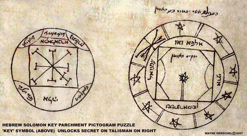 SOLOMON KEY IS THE HEBREW KEY OF SOLOMON PICTOGRAM CIPHER PUZZLE COPY ON PARCHMENT SOURCED FROM CLAVICULA SALOMINIS MANUSCRIPT IN THE BRITISH LIBRARY