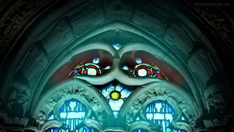 Rosslyn Chapel - chuch window stained glass showing 3 suns?