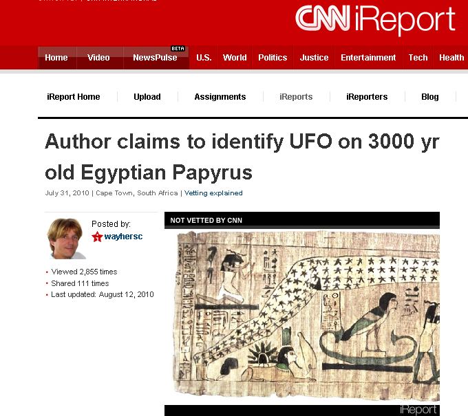 CNN iREPORT - UFO LANDING ON BACK OF SPHINX FOUND ON 3000 YR OLD PAPYRUS - WAYNE HERSCHEL