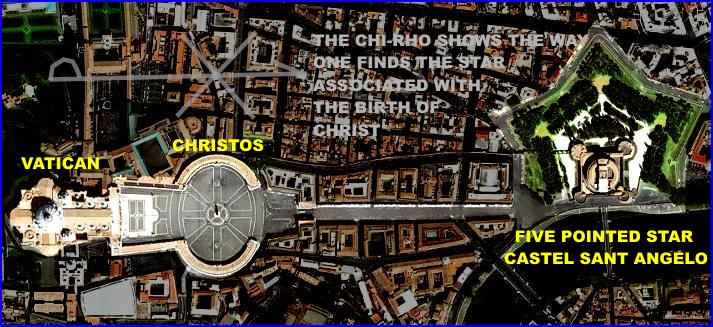 Vatican seen from above showing the keyhole and five pointed star, Castel Sant Angelo